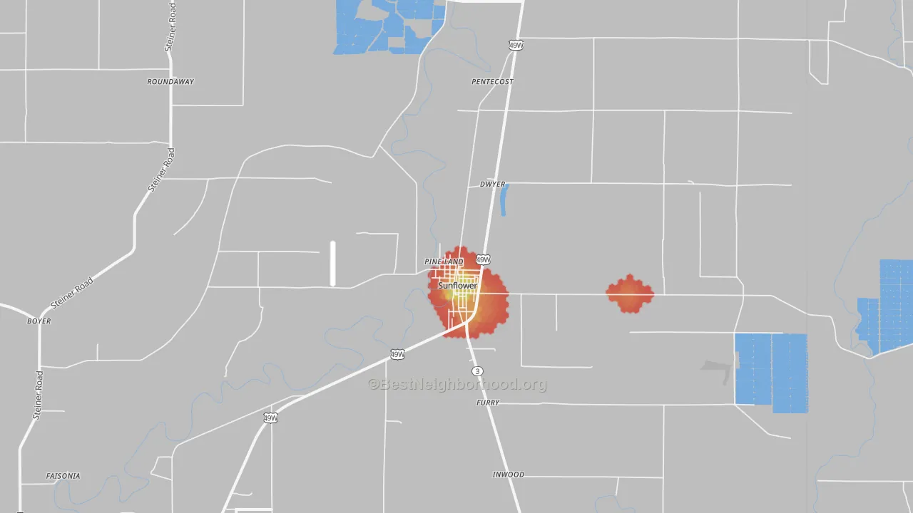 Walk Grade map of 38778, MS, walkable areas in green and car-dependent areas in red