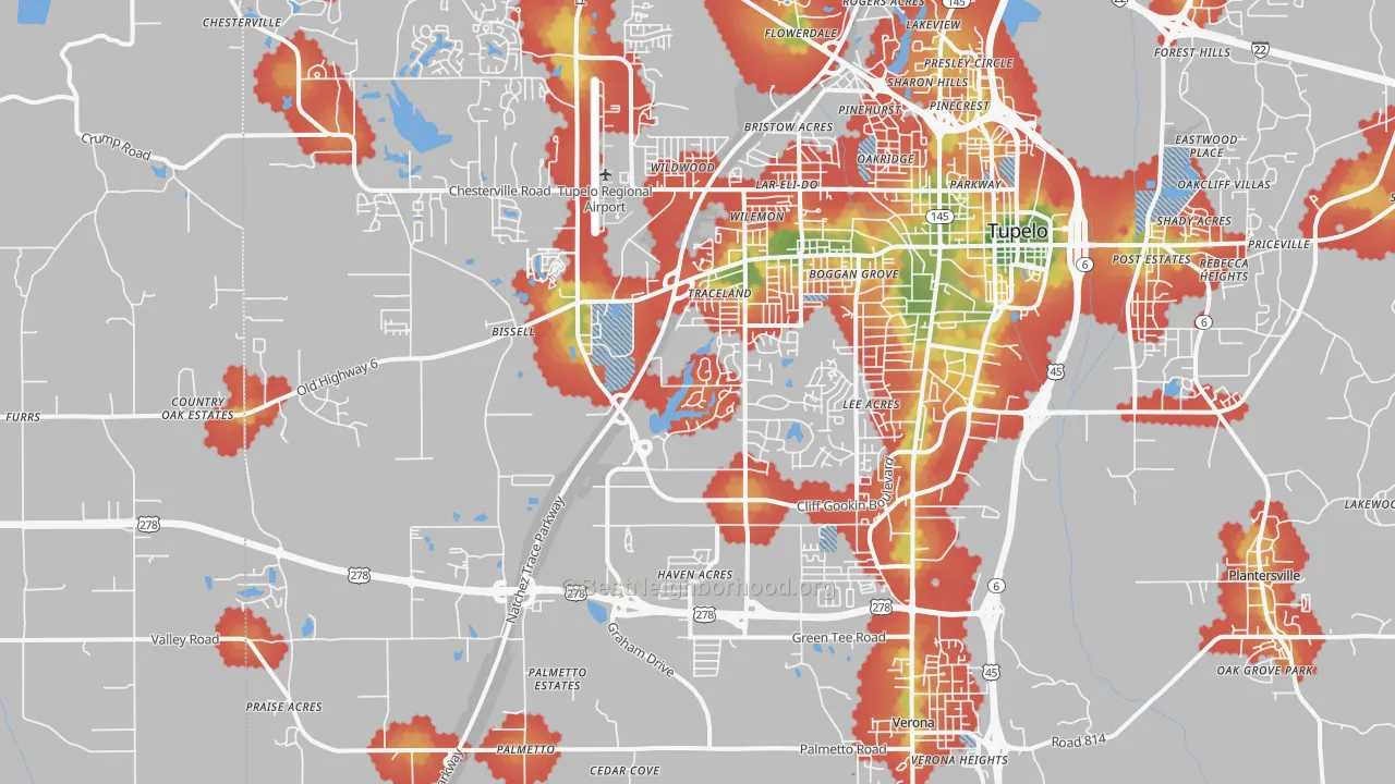 Walk Grade map of 38801, MS, walkable areas in green and car-dependent areas in red