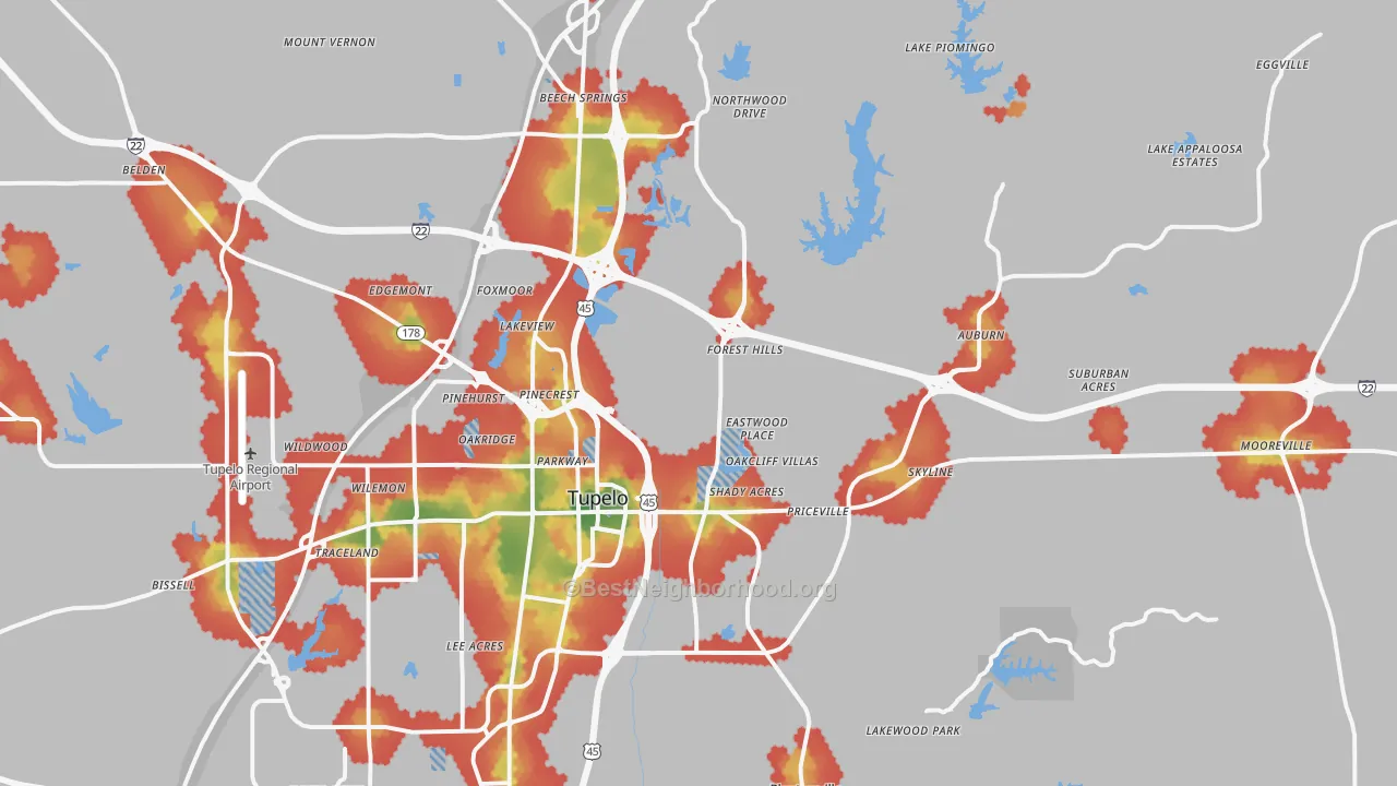 Walk Grade map of 38804, MS, walkable areas in green and car-dependent areas in red