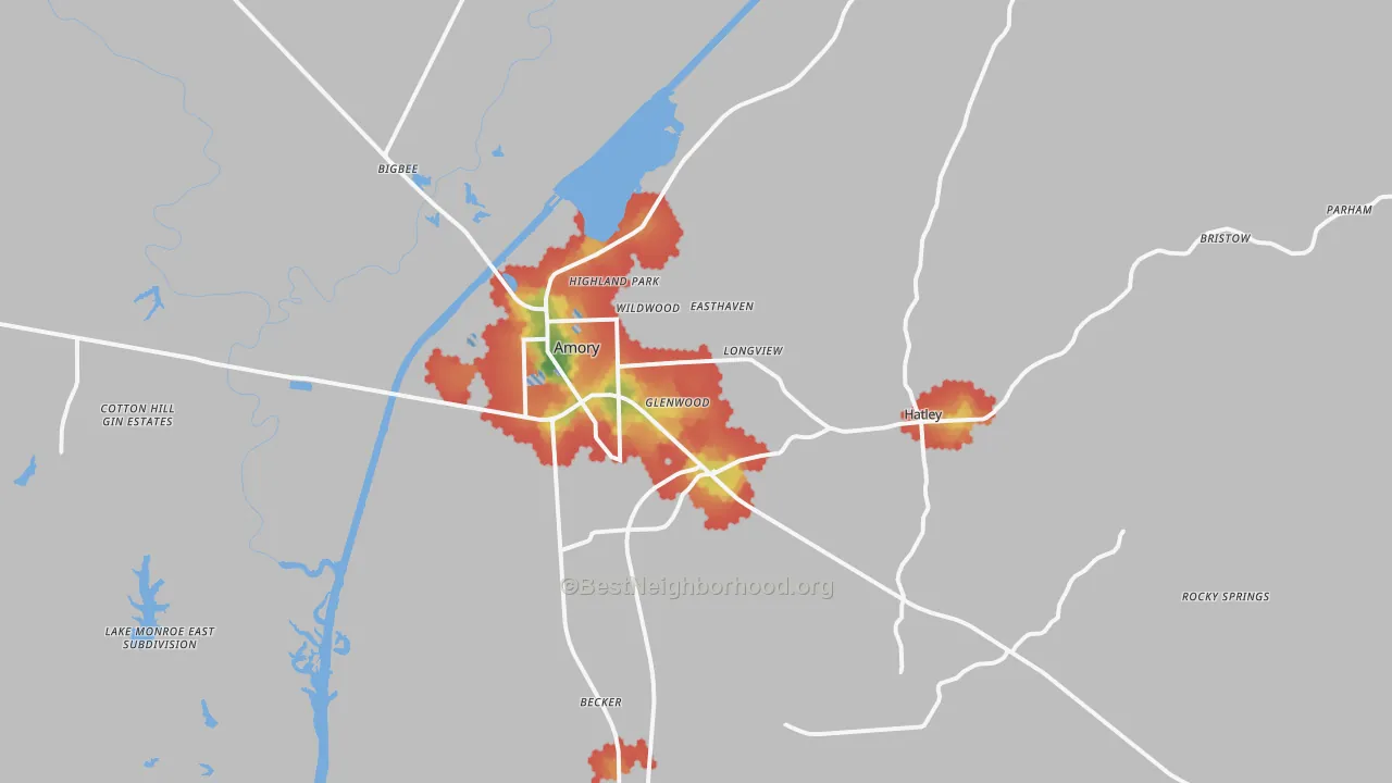 Walk Grade map of 38821, MS, walkable areas in green and car-dependent areas in red