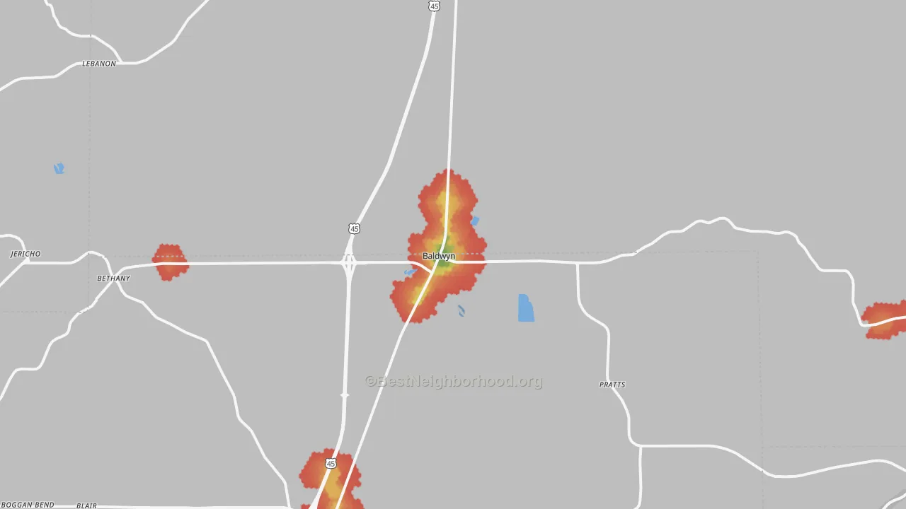 Walk Grade map of 38824, MS, walkable areas in green and car-dependent areas in red