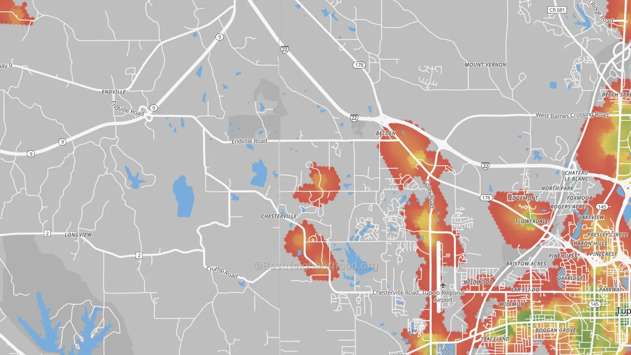 Walk Grade map of 38826, MS, walkable areas in green and car-dependent areas in red
