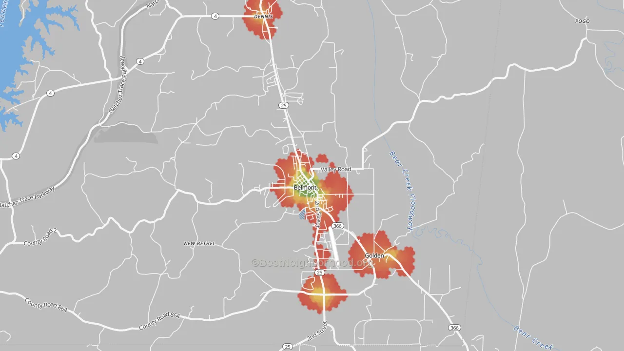 Walk Grade map of 38827, MS, walkable areas in green and car-dependent areas in red