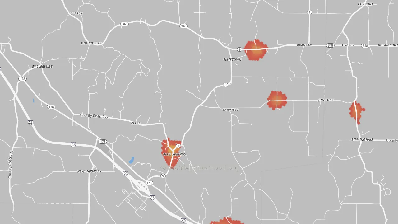 Walk Grade map of 38828, MS, walkable areas in green and car-dependent areas in red