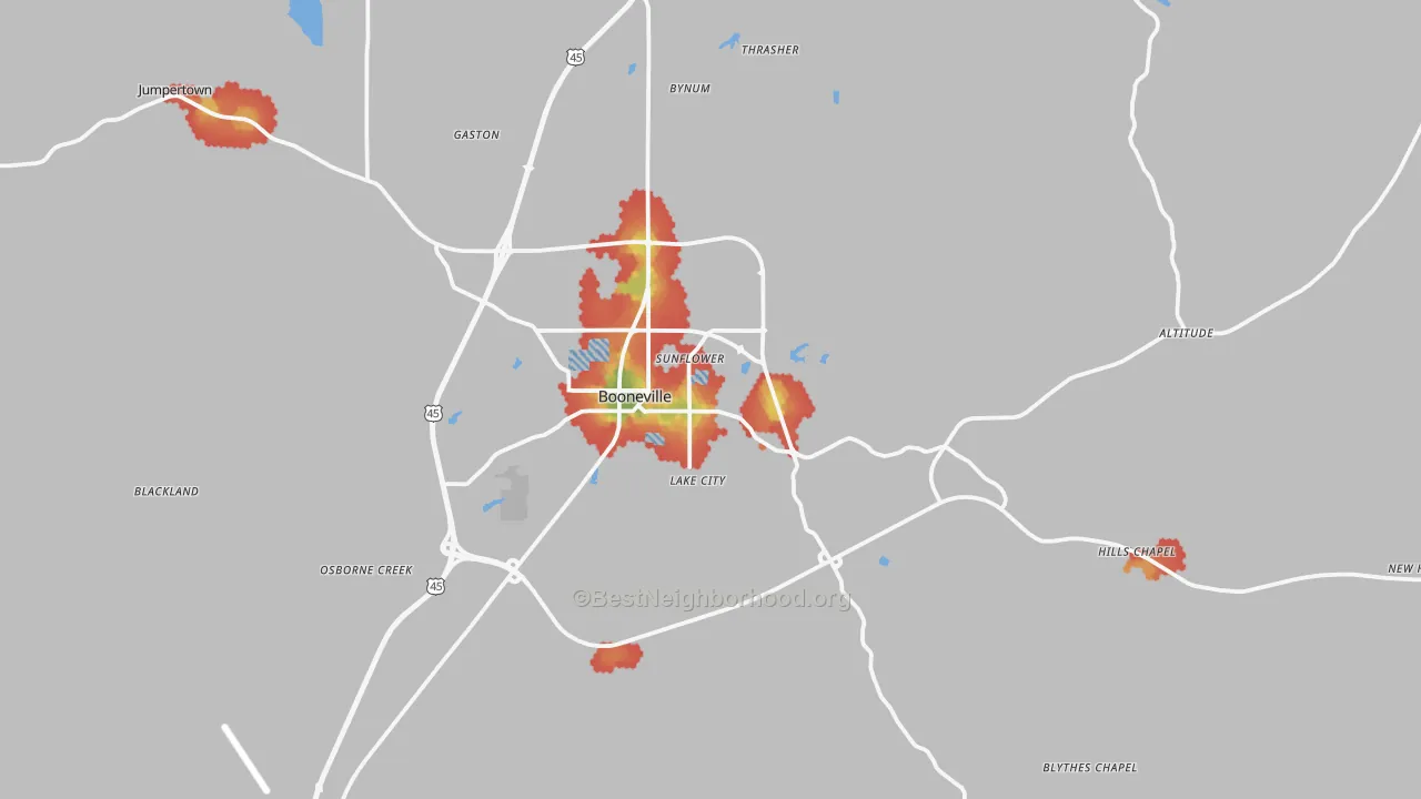 Walk Grade map of 38829, MS, walkable areas in green and car-dependent areas in red