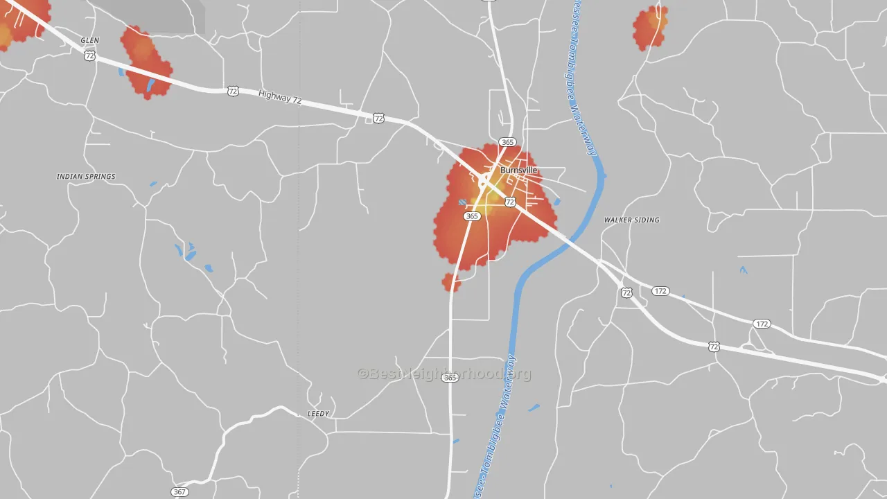 Walk Grade map of 38833, MS, walkable areas in green and car-dependent areas in red