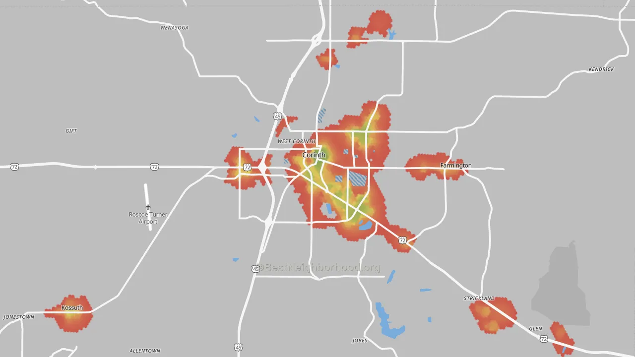 Walk Grade map of 38834, MS, walkable areas in green and car-dependent areas in red