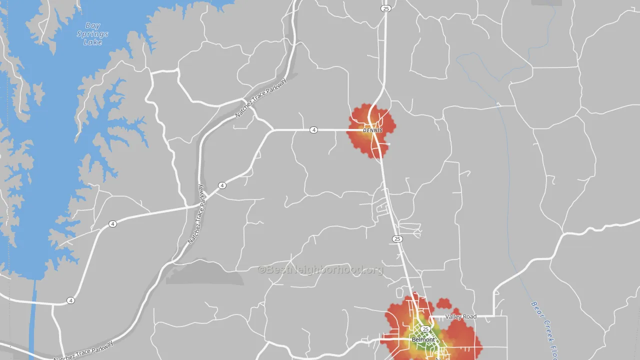 Walk Grade map of 38838, MS, walkable areas in green and car-dependent areas in red