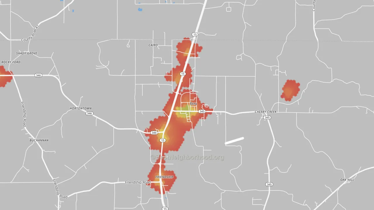 Walk Grade map of 38841, MS, walkable areas in green and car-dependent areas in red