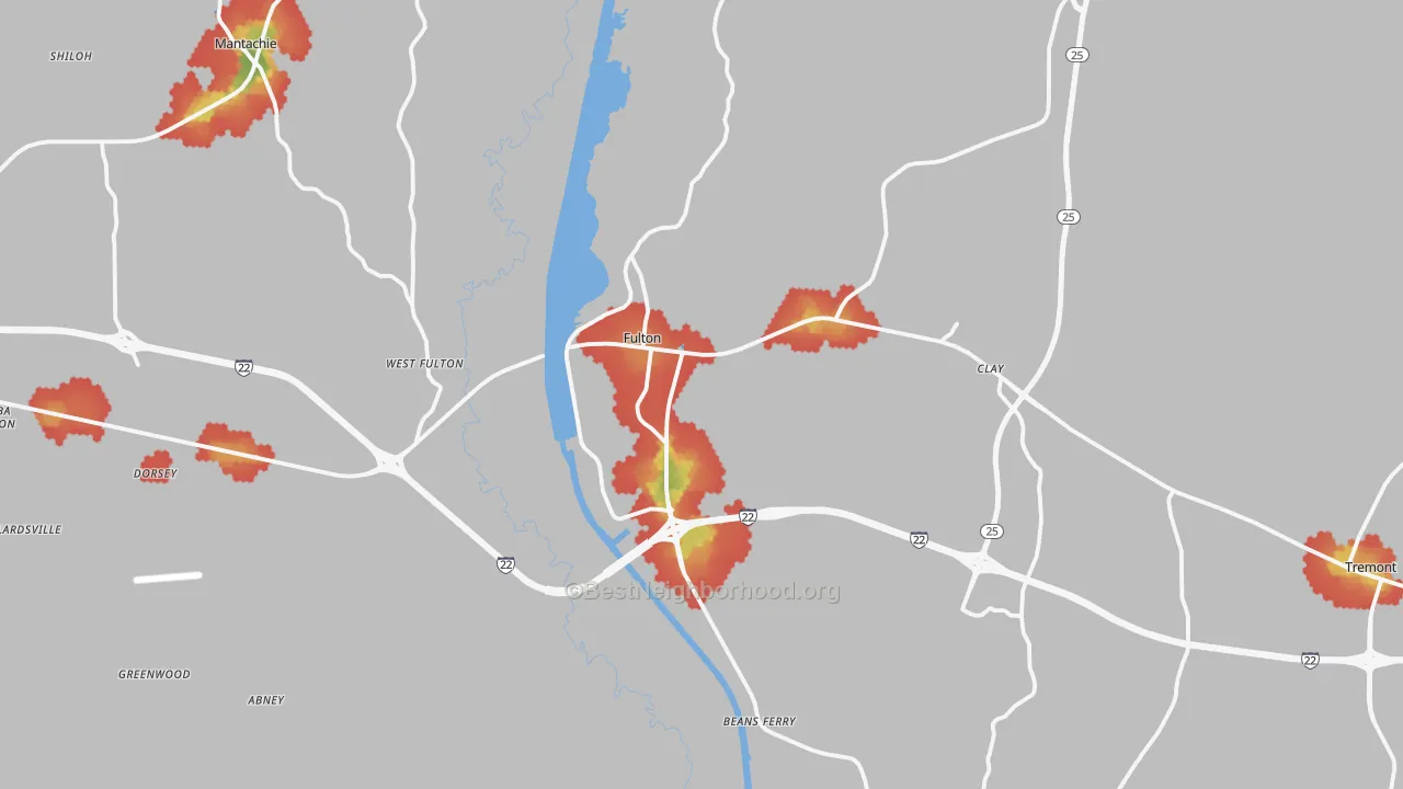 Walk Grade map of 38843, MS, walkable areas in green and car-dependent areas in red