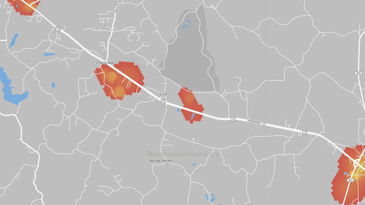 Walk Grade map of 38846, MS, walkable areas in green and car-dependent areas in red