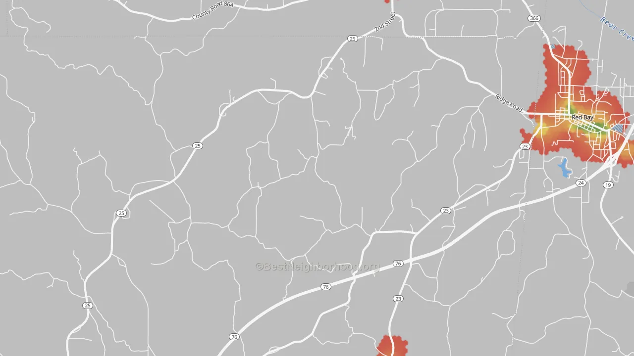 Walk Grade map of 38847, MS, walkable areas in green and car-dependent areas in red