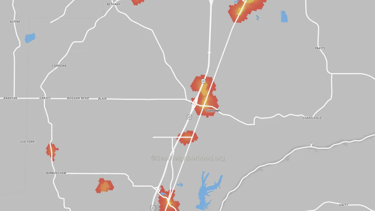 Walk Grade map of 38849, MS, walkable areas in green and car-dependent areas in red