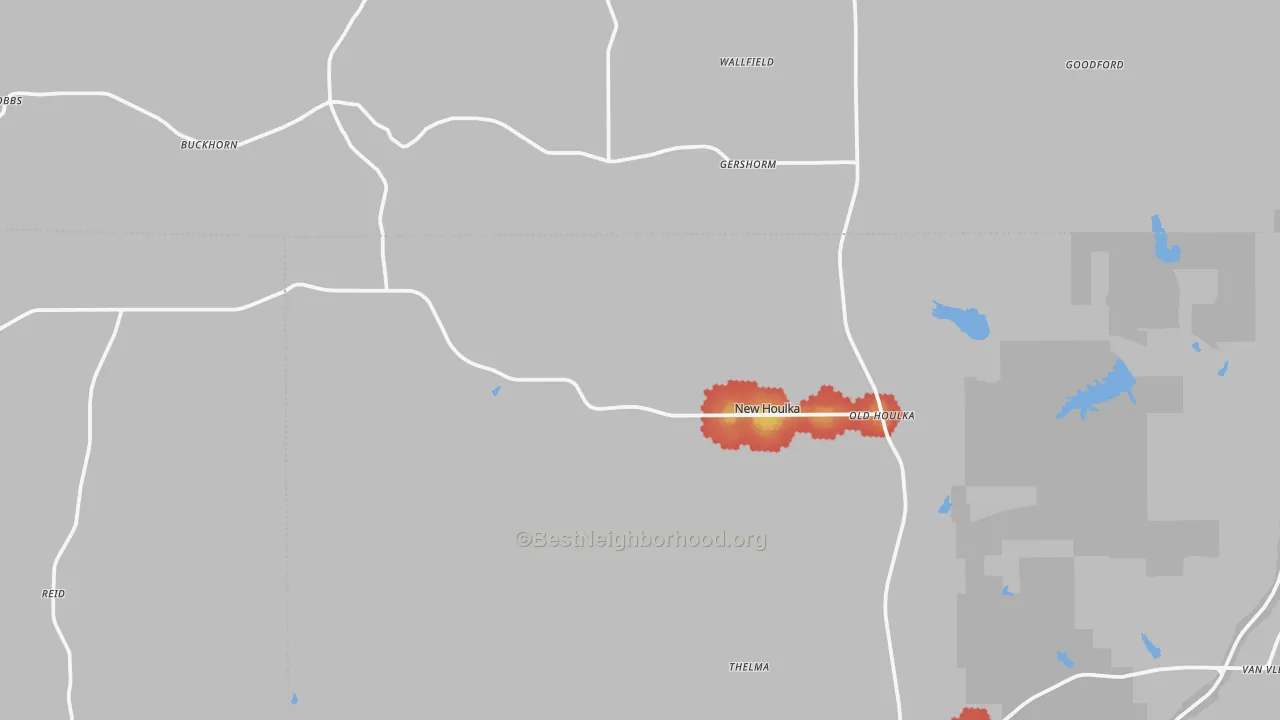 Walk Grade map of 38850, MS, walkable areas in green and car-dependent areas in red