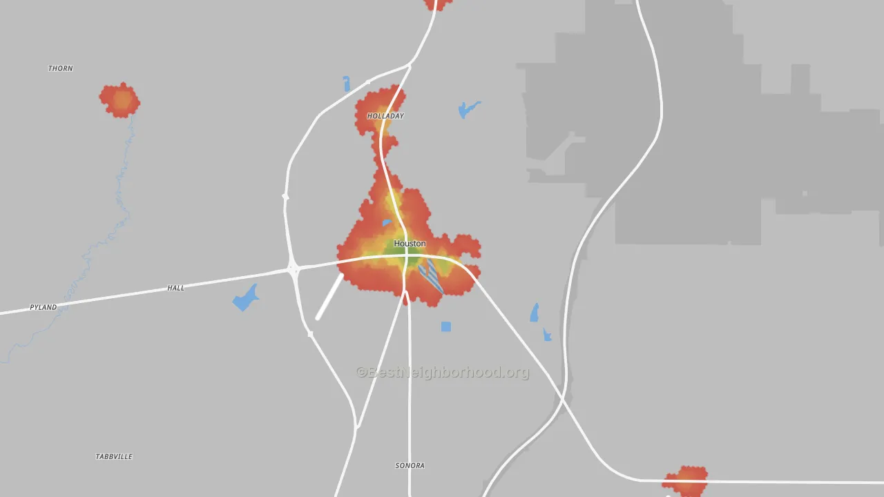 Walk Grade map of 38851, MS, walkable areas in green and car-dependent areas in red