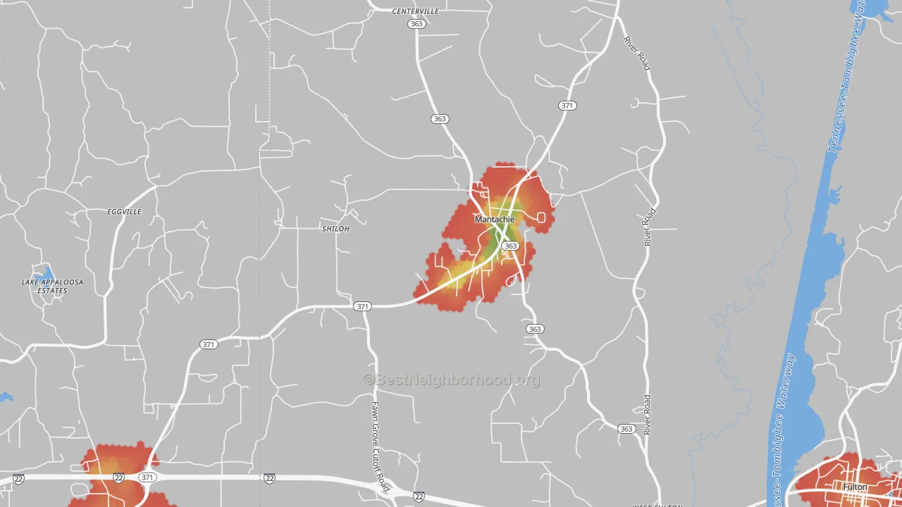 Walk Grade map of 38855, MS, walkable areas in green and car-dependent areas in red