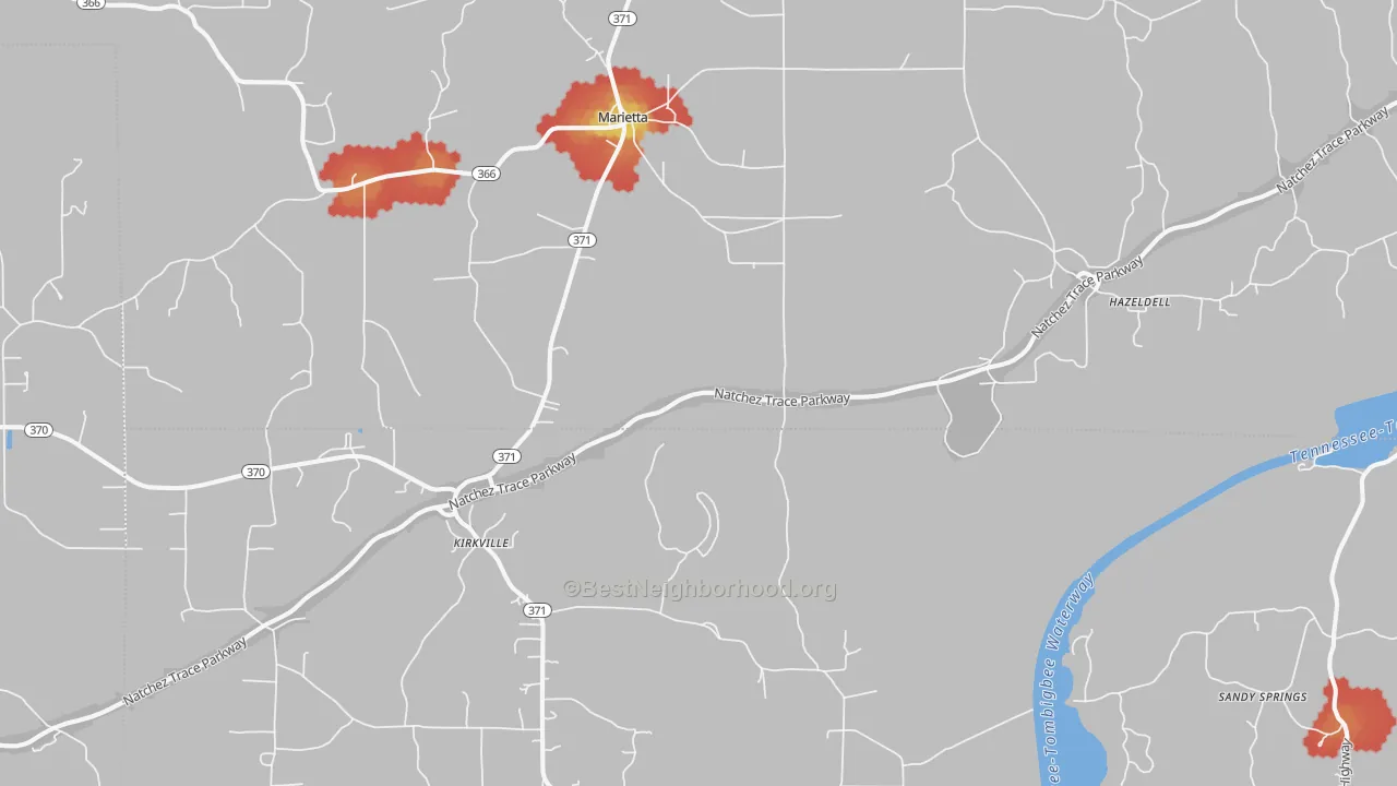 Walk Grade map of 38856, MS, walkable areas in green and car-dependent areas in red