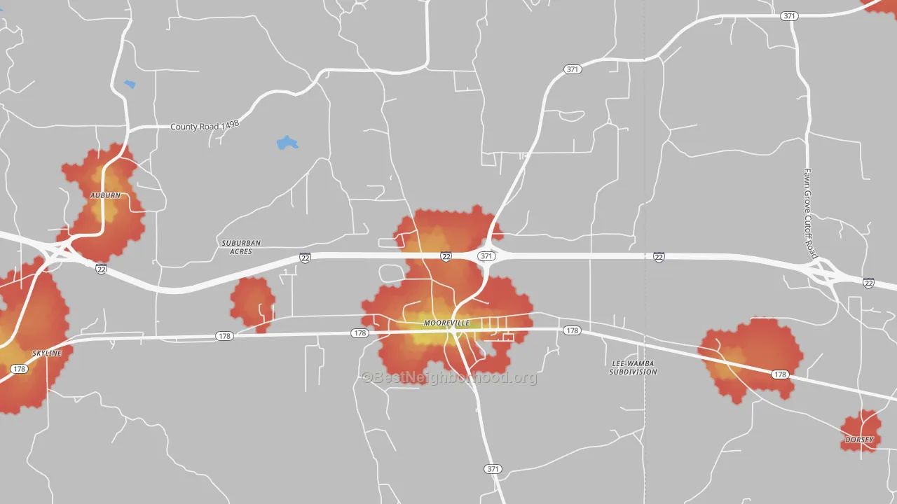Walk Grade map of 38857, MS, walkable areas in green and car-dependent areas in red