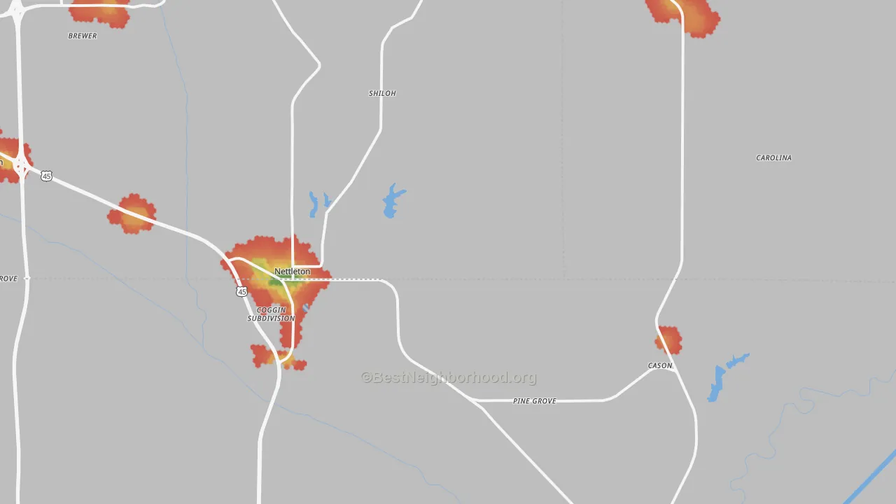 Walk Grade map of 38858, MS, walkable areas in green and car-dependent areas in red