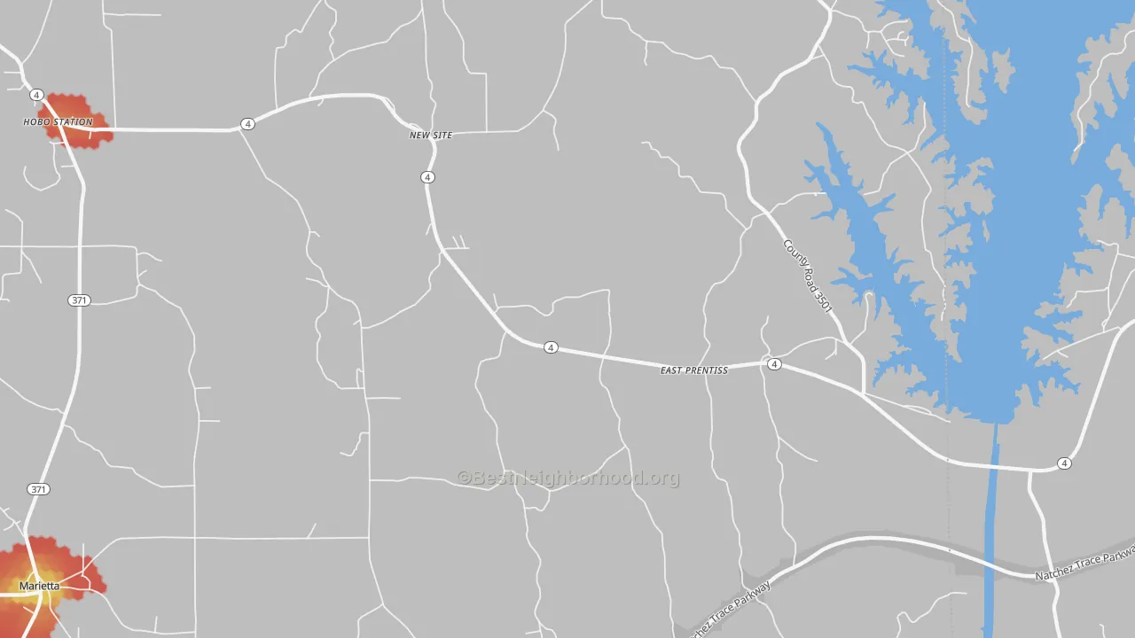 Walk Grade map of 38859, MS, walkable areas in green and car-dependent areas in red