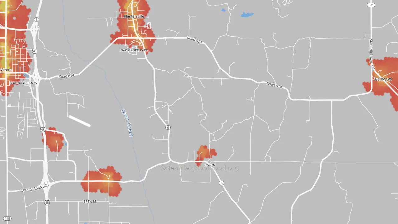 Walk Grade map of 38862, MS, walkable areas in green and car-dependent areas in red