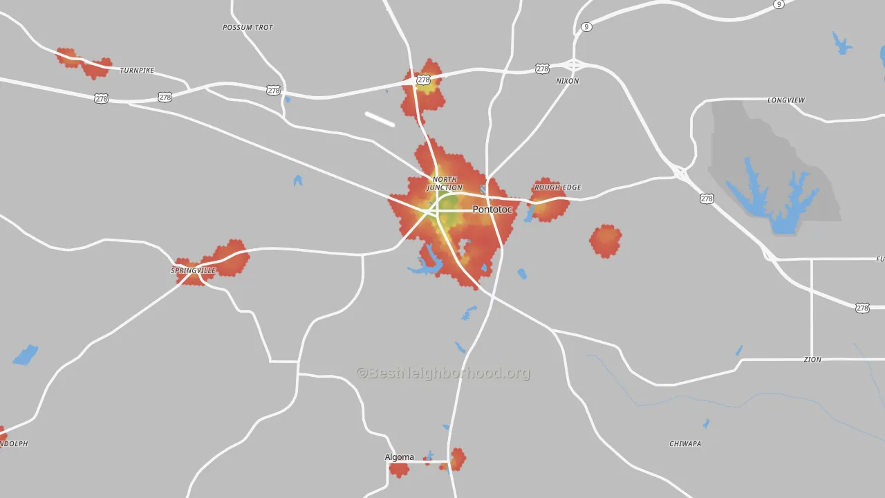 Walk Grade map of 38863, MS, walkable areas in green and car-dependent areas in red