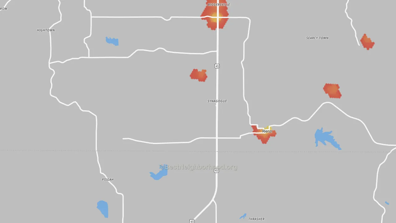 Walk Grade map of 38865, MS, walkable areas in green and car-dependent areas in red
