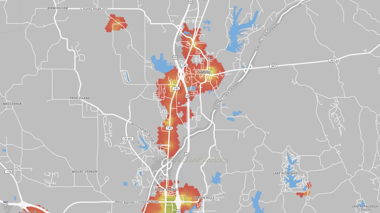 Walk Grade map of 38866, MS, walkable areas in green and car-dependent areas in red