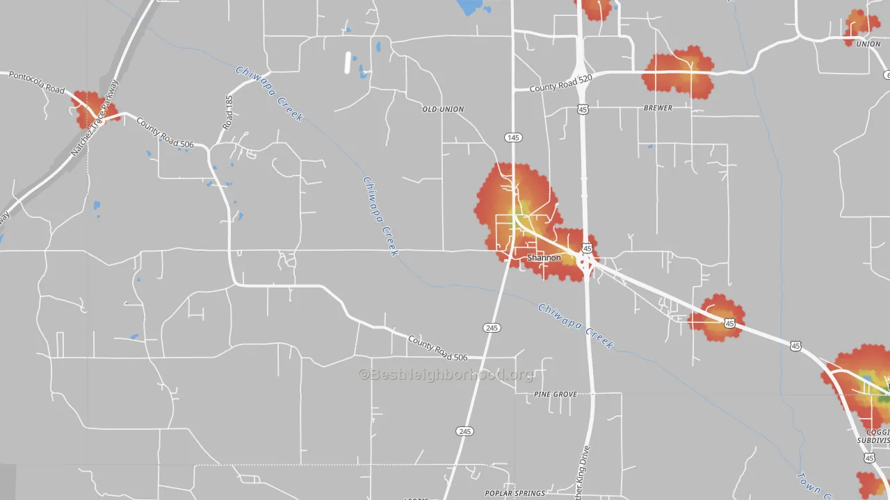 Walk Grade map of 38868, MS, walkable areas in green and car-dependent areas in red