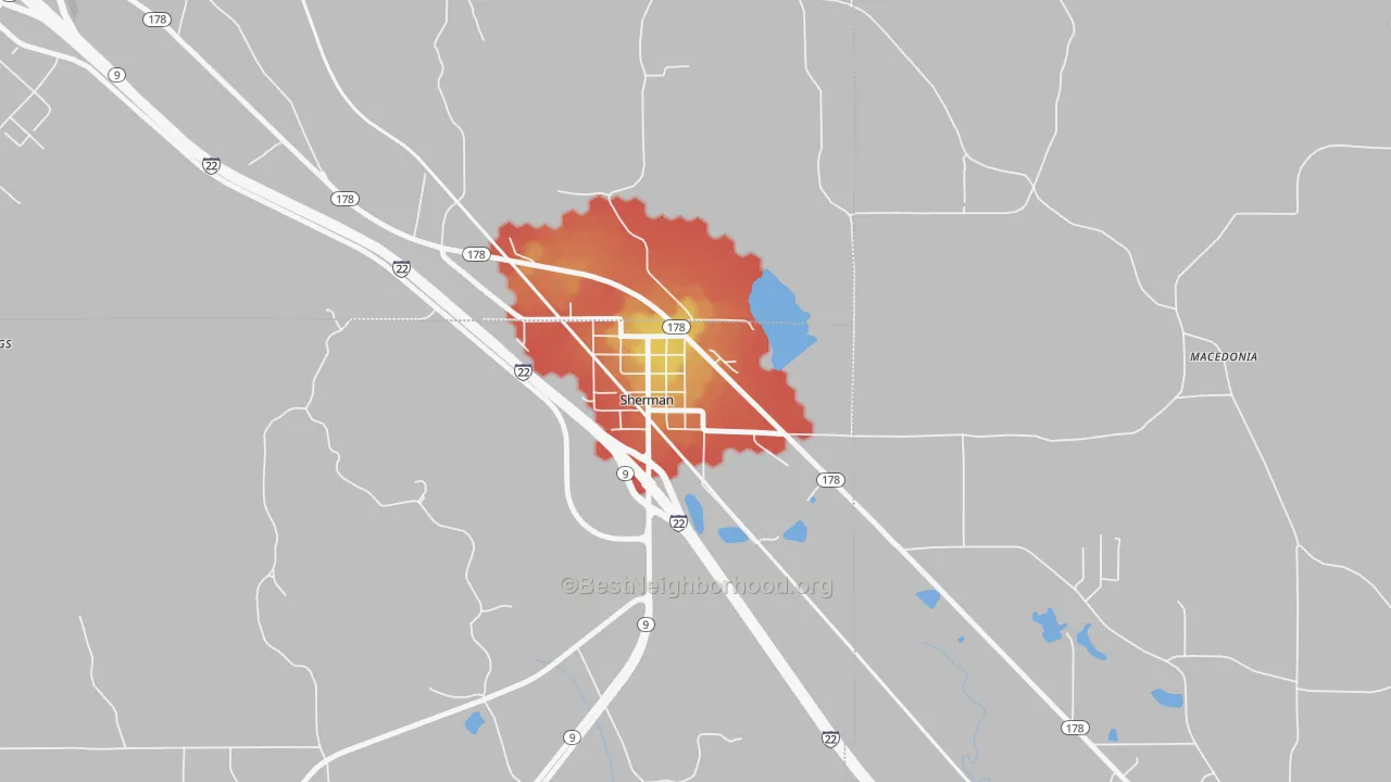Walk Grade map of 38869, MS, walkable areas in green and car-dependent areas in red