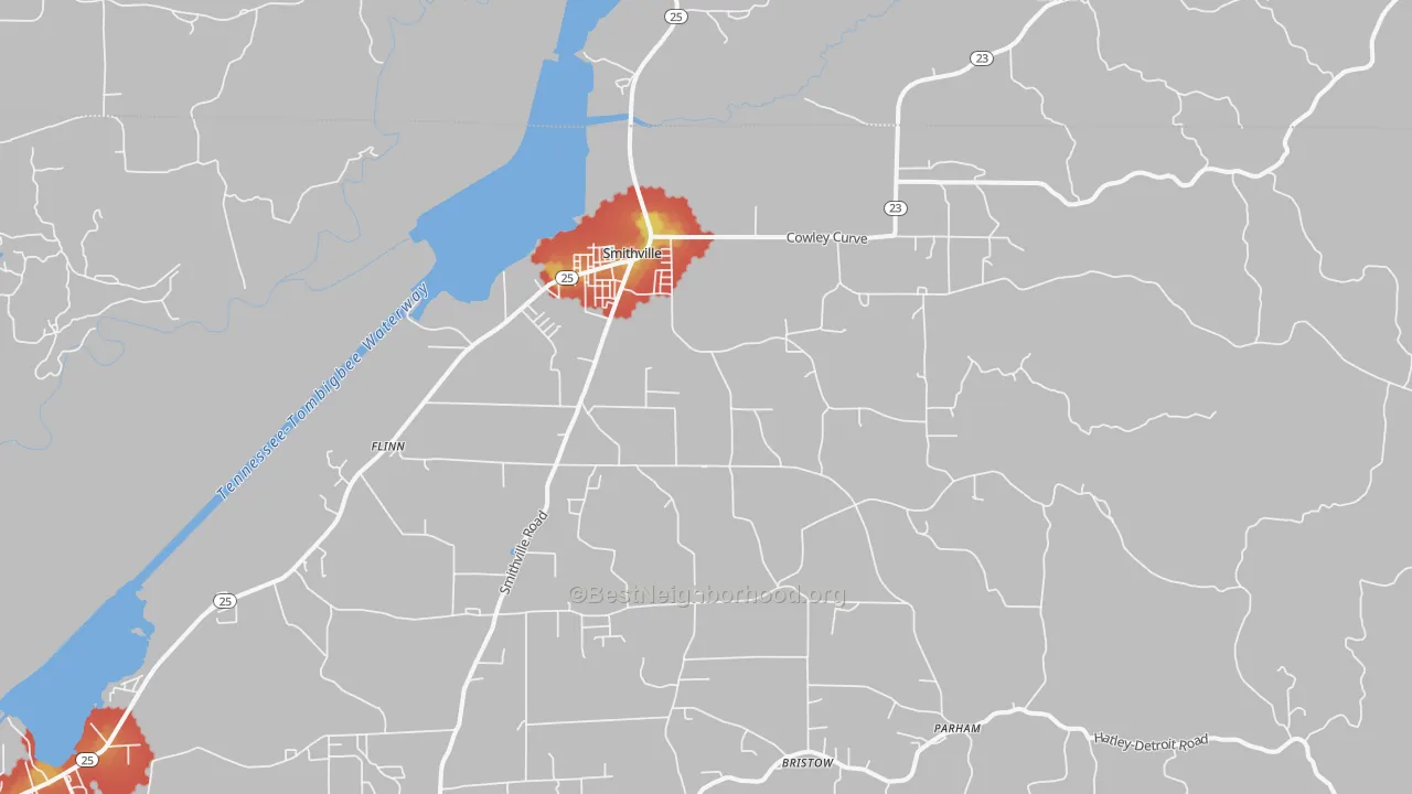Walk Grade map of 38870, MS, walkable areas in green and car-dependent areas in red