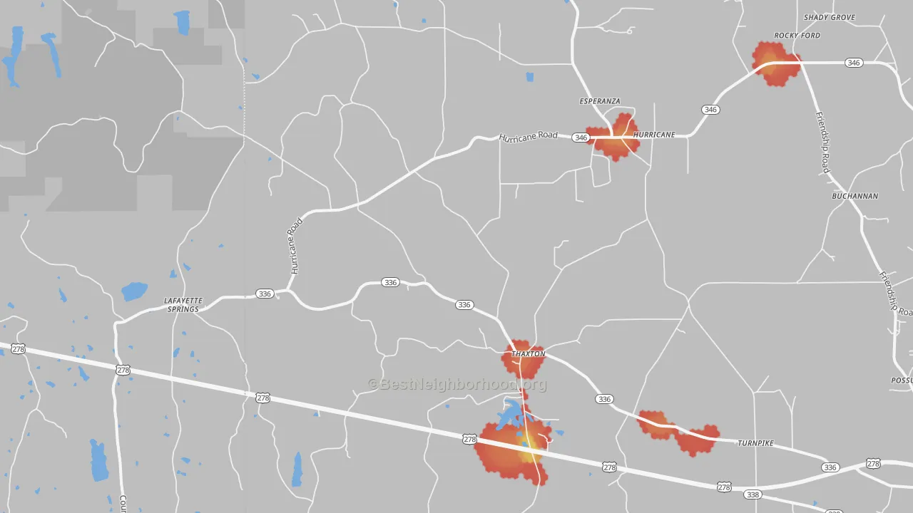 Walk Grade map of 38871, MS, walkable areas in green and car-dependent areas in red