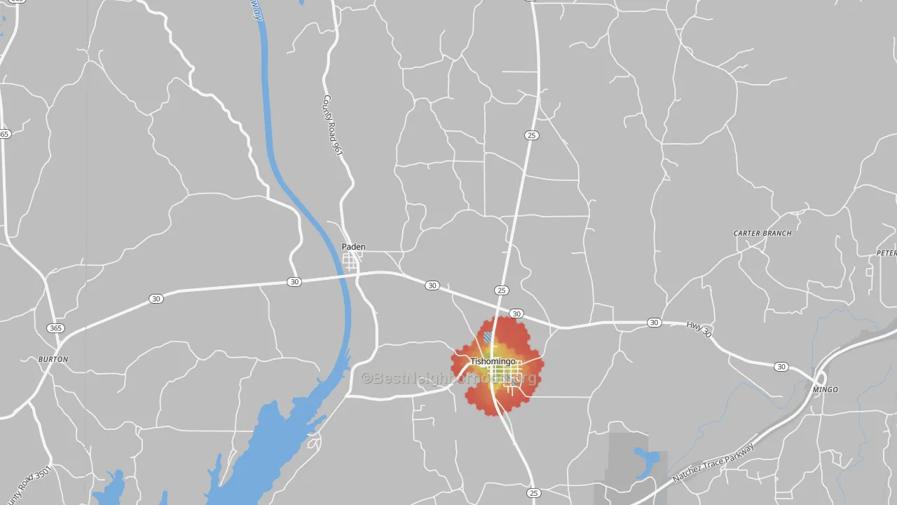 Walk Grade map of 38873, MS, walkable areas in green and car-dependent areas in red