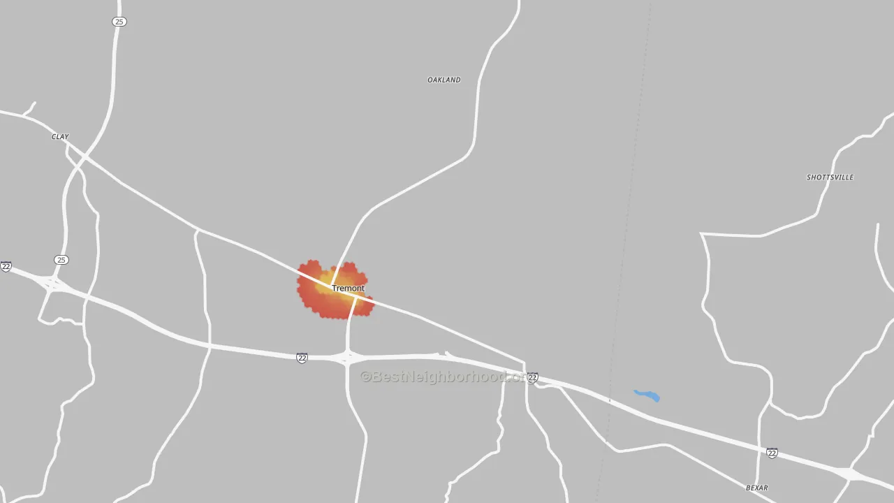 Walk Grade map of 38876, MS, walkable areas in green and car-dependent areas in red