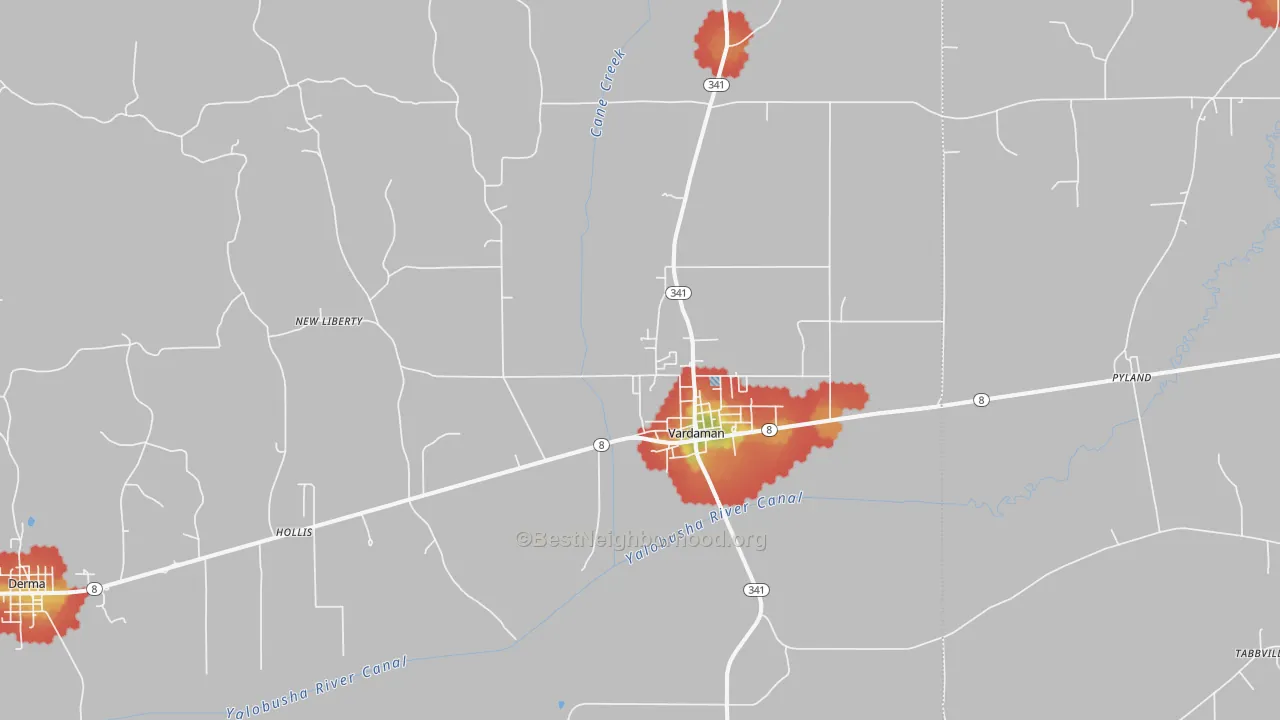 Walk Grade map of 38878, MS, walkable areas in green and car-dependent areas in red