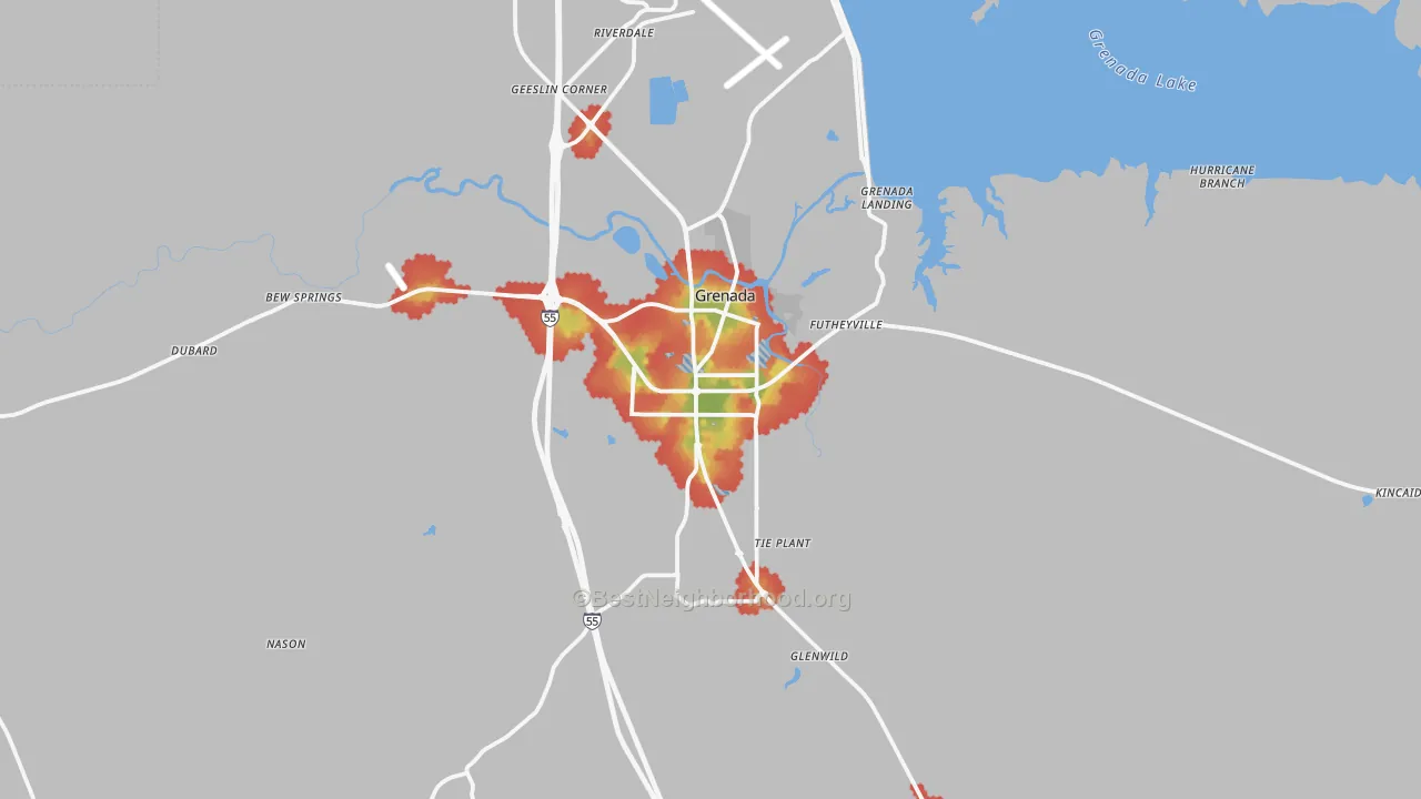 Walk Grade map of 38901, MS, walkable areas in green and car-dependent areas in red