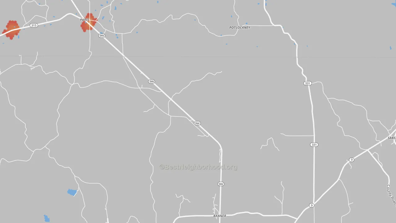Walk Grade map of 38913, MS, walkable areas in green and car-dependent areas in red