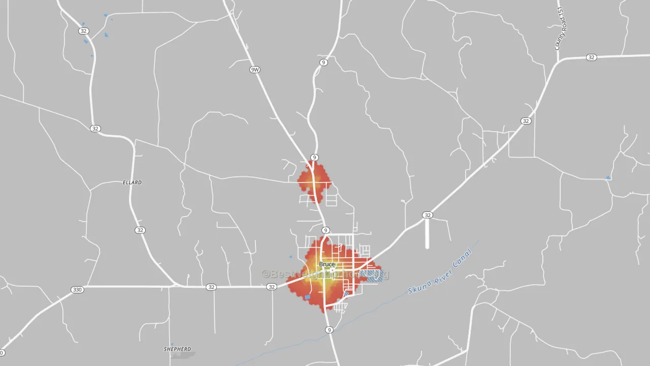 Walk Grade map of 38915, MS, walkable areas in green and car-dependent areas in red