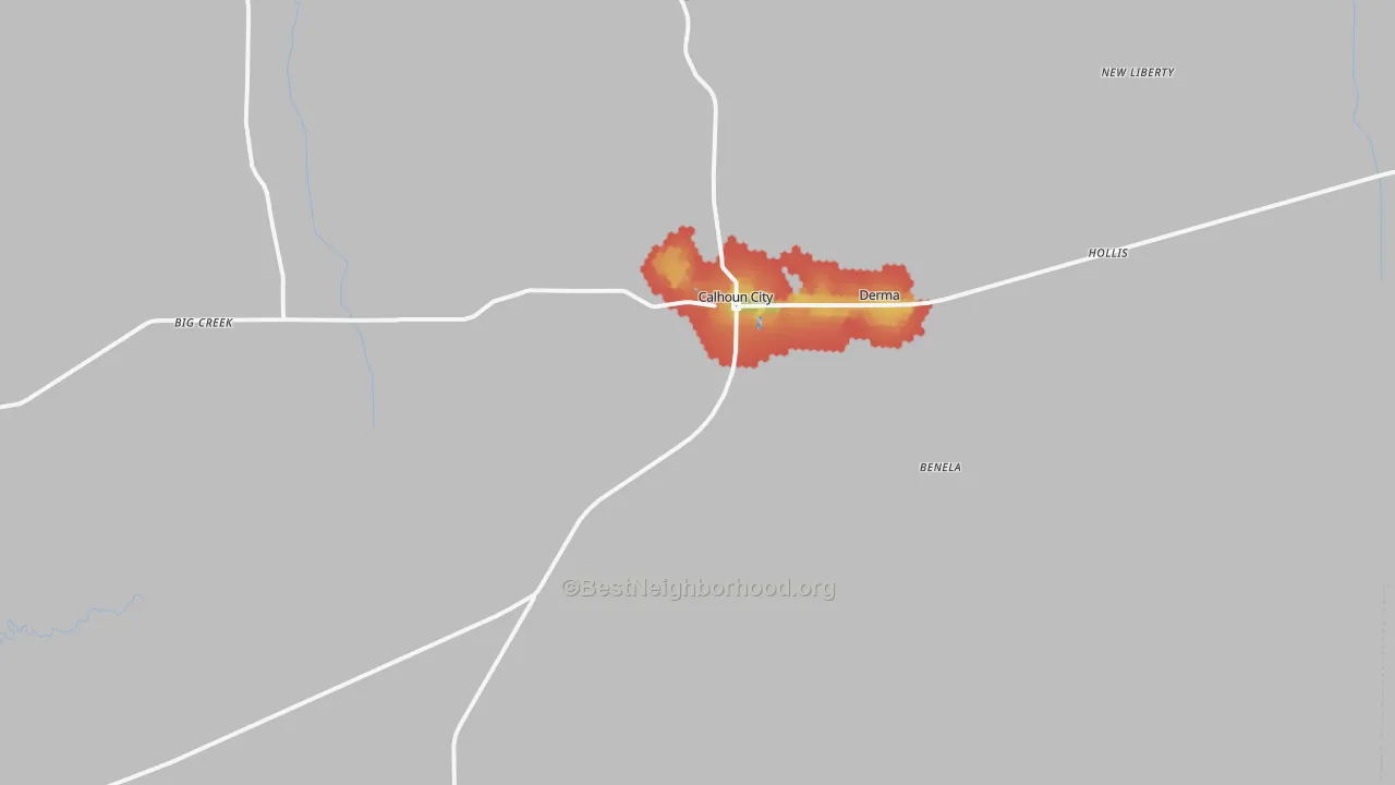 Walk Grade map of 38916, MS, walkable areas in green and car-dependent areas in red