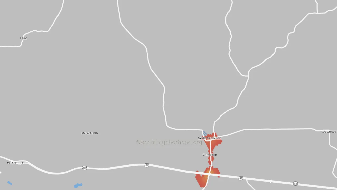 Walk Grade map of 38917, MS, walkable areas in green and car-dependent areas in red