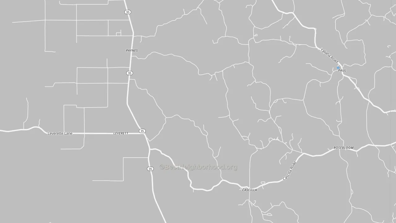 Walk Grade map of 38920, MS, walkable areas in green and car-dependent areas in red