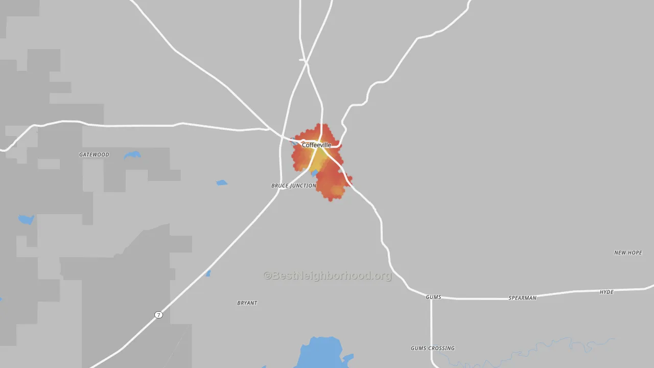 Walk Grade map of 38922, MS, walkable areas in green and car-dependent areas in red