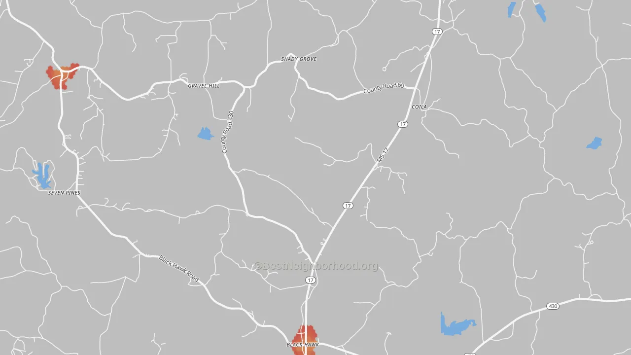Walk Grade map of 38923, MS, walkable areas in green and car-dependent areas in red