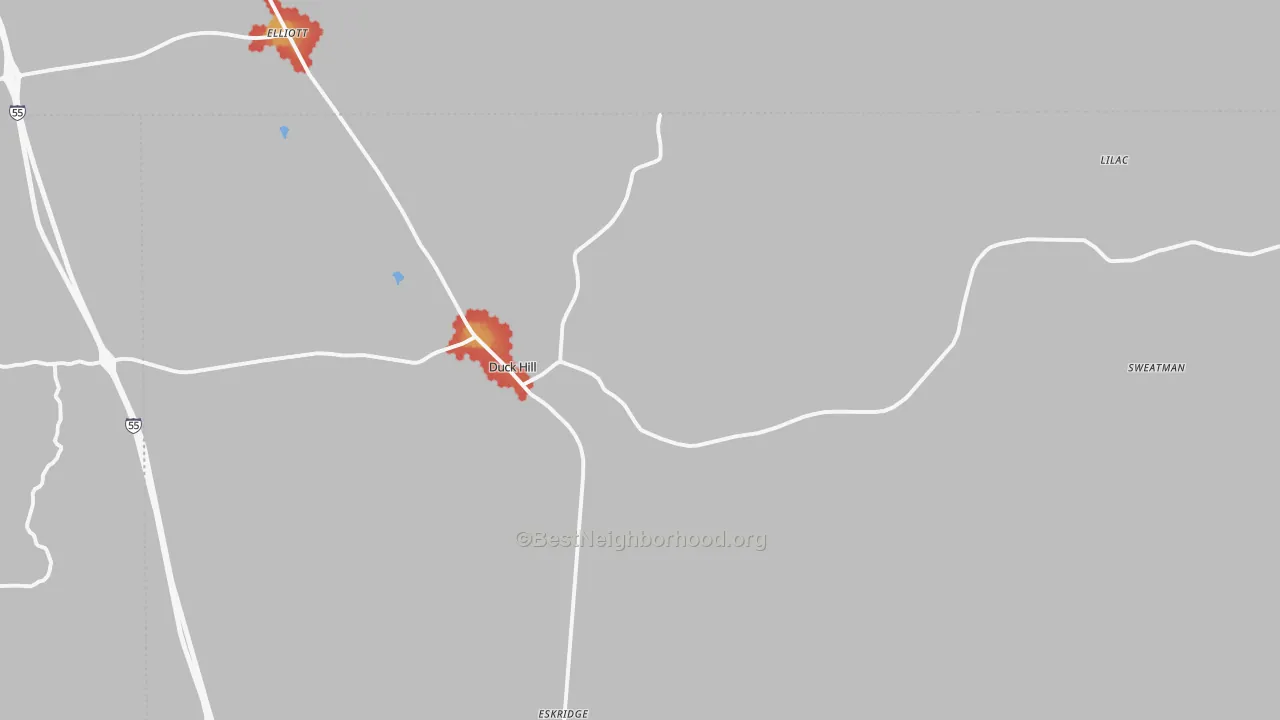 Walk Grade map of 38925, MS, walkable areas in green and car-dependent areas in red