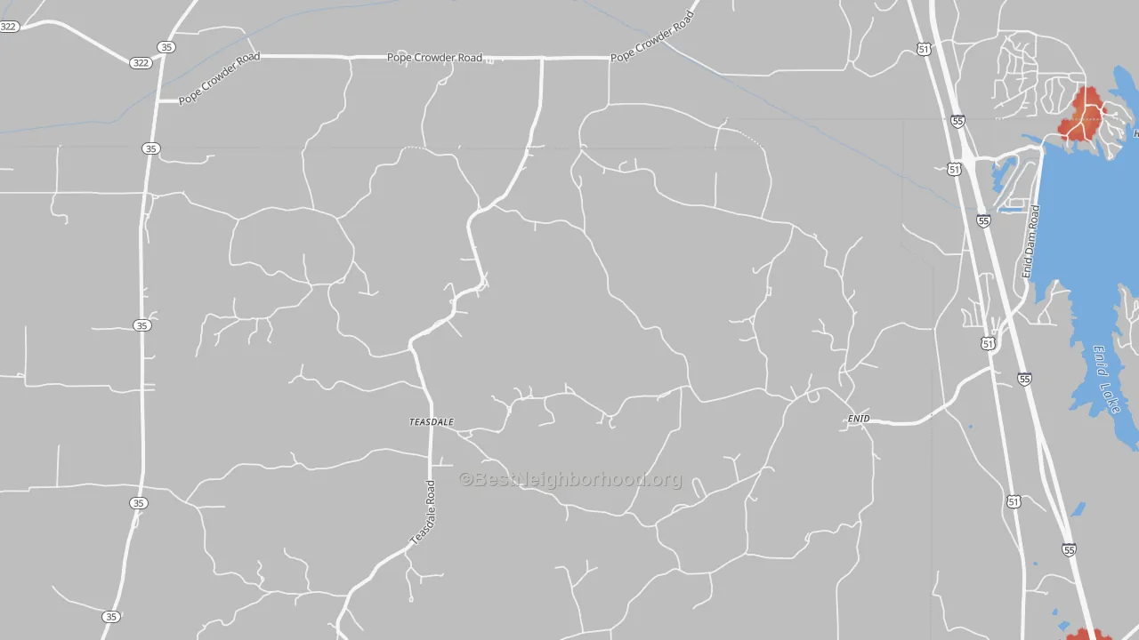 Walk Grade map of 38927, MS, walkable areas in green and car-dependent areas in red