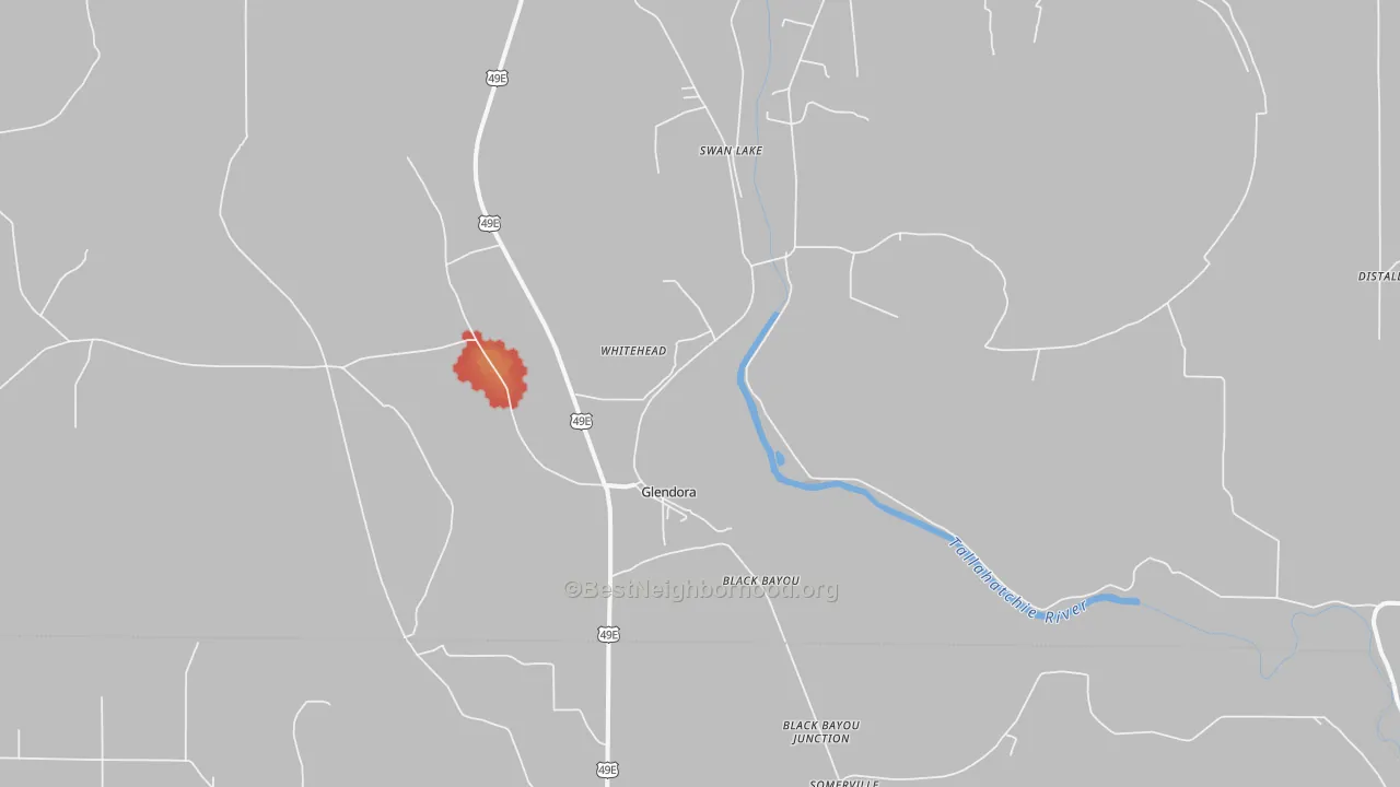 Walk Grade map of 38928, MS, walkable areas in green and car-dependent areas in red