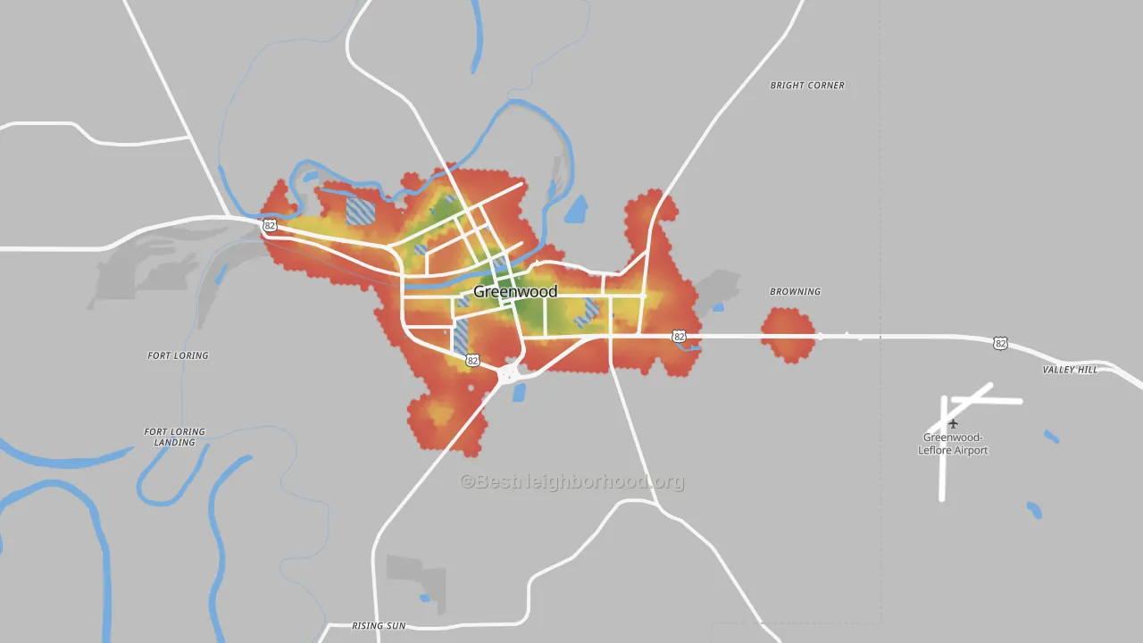 Walk Grade map of 38930, MS, walkable areas in green and car-dependent areas in red