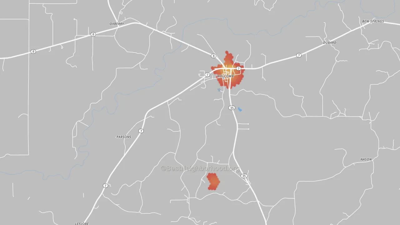 Walk Grade map of 38940, MS, walkable areas in green and car-dependent areas in red