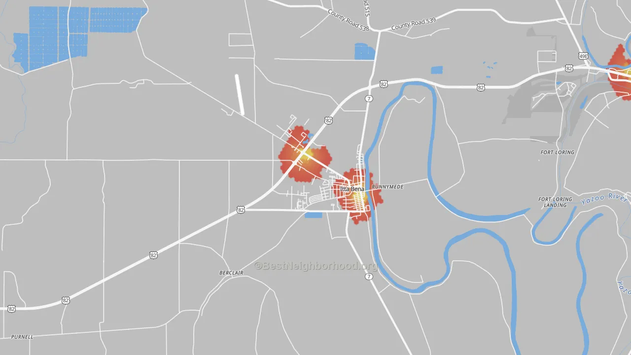 Walk Grade map of 38941, MS, walkable areas in green and car-dependent areas in red