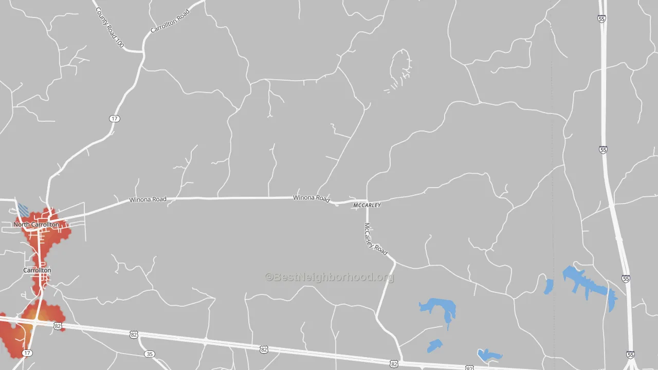 Walk Grade map of 38943, MS, walkable areas in green and car-dependent areas in red